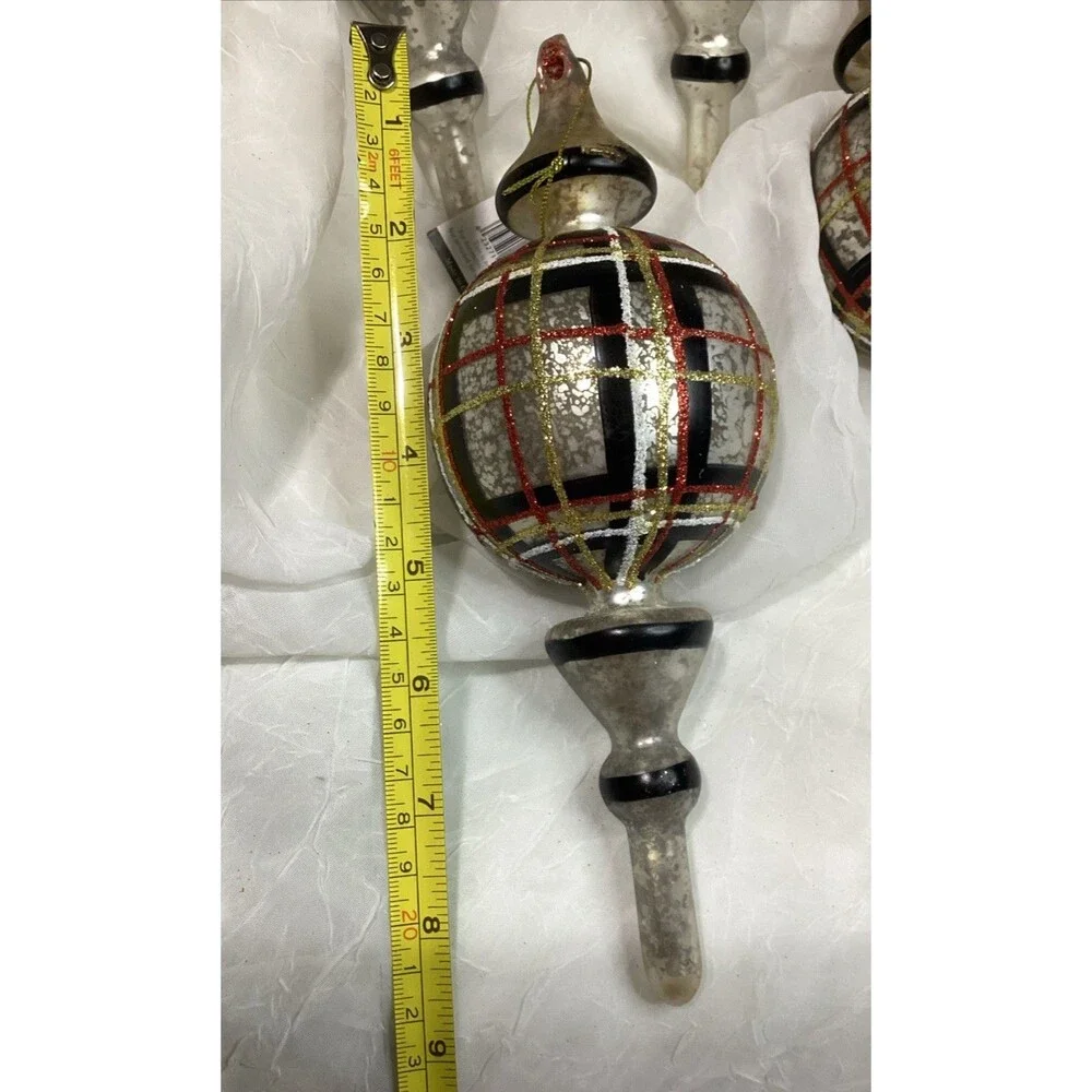 Mercury Glass Finial Christmas Plaid Ornaments X5 Black, Red, Gold & Silver 9